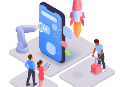 mobile-app-development-isometric-composition-with-human-characters-robotic-arm-smartphone-platforms-with-rocket-vector-illustration_1284-77296